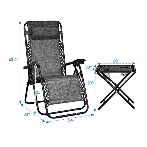 Giantex 3 PCS Zero Gravity Chair Patio Chaise Lounge Chairs Outdoor Yard Pool Recliner Folding Lounge Table Chair Set (Gray) - color: Grey