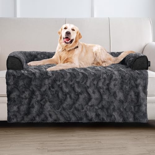 Calming Extra Large Dog Bed for Couch, 45 x 37 inch Removable Couch Cover for Dogs Washable, Non-Slip Fluffy Plush Dog Sofa Mat for Furniture Protector - Dark Grey - color: Dark Grey, size: X-Large