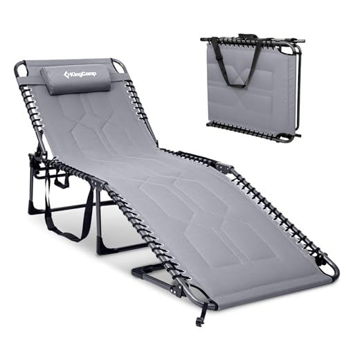 KingCamp Oversized Tanning Chair, Extra-Wide Padded Folding Chase Lounge Chairs Portable Adjustable 5-Position 440lbs Heavy Duty Lounger with Double-Layer Oxford for Outdoor Beach Patio Sun Pool Grey - color: Pro-grey-1 Pack