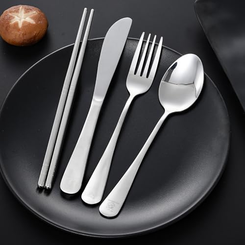 Boulder Bee Travel Utensils Set | Reusable Camping Cutlery Set | Stainless Steel Flatware Set | Portable Silverware Set with Case | Includes Knife/Fork/Spoon/Chopsticks/Cleaning Cloth/Case (Sliver) - color: With Chopsticks-Silver