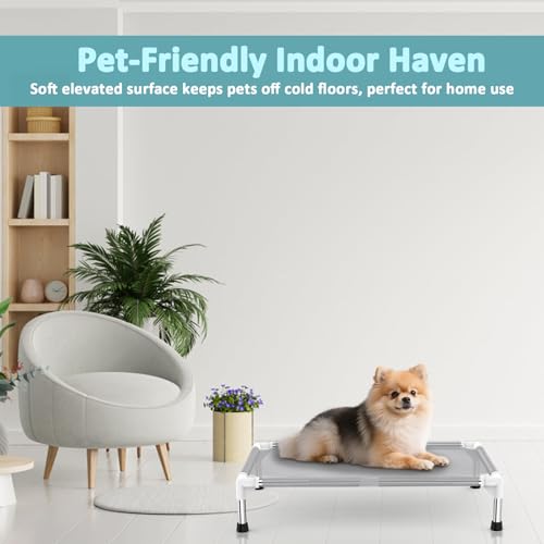 Elevated Dog Bed with Teslin Cooling Fabric - Lightweight Dog Cot for Small/Medium Dogs, Waterproof & Washable Breathable Mesh, Raised Pet Bed for Indoor Outdoor Use, Anti-Slip, Easy to Clean - size: (M-)-Gray