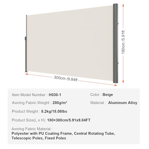 VEVOR Retractable Side Awning, UV 50 71''x118'' Rugged Full Aluminum Rust-Proof, Patio Sunshine Screen, 280 g Thicken Privacy Divider Wind Screen, Suitable for Yard, Roof Terraces and Pools, Beige - color: Beige, size: 71''*118''