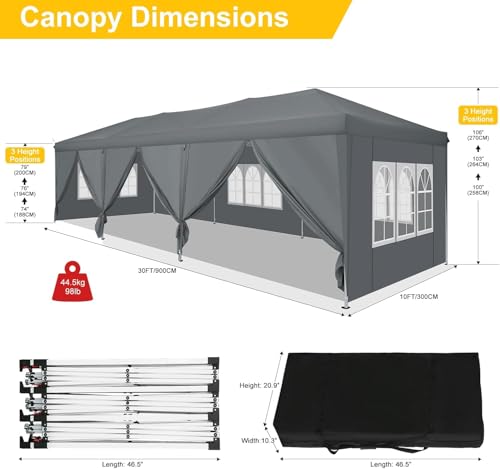 COBIZI 10x30 Pop Up Canopy with 8 Sidewalls for Parties Wedding Backyard, Waterproof Outdoor Commercial Event Shelter with Stakes, Ropes, Sandbags, Grey - color: Gray, size: 10x30ft With 8 Sidewalls