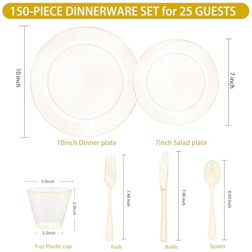 150 PCS Gold Glitter Disposable Dinnerware Set for 25 Guests, Plastic Plates for Party, Including 25 Dinner Plates, 25 Salad Plates, 25 Cups, 25 Forks Knives Spoons for Wedding and Party Supplies - color: Gold Glitter, size: 25 Guests