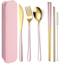 AARAINBOW 6 Pieces 18/8 Stainless Steel Flatware Set Portable Reusable Cutlery Set Travel Utensils Set Including Chopsticks Knife Fork Spoon Straws Cleaning Brush Dishwasher Safe (Pink golden) - color: Pink golden