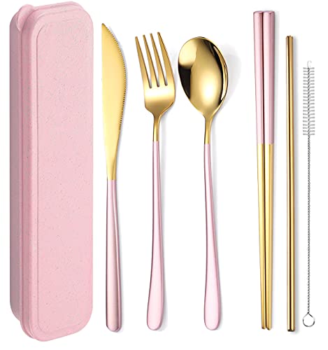 AARAINBOW 6 Pieces 18/8 Stainless Steel Flatware Set Portable Reusable Cutlery Set Travel Utensils Set Including Chopsticks Knife Fork Spoon Straws Cleaning Brush Dishwasher Safe (Pink golden) - color: Pink golden