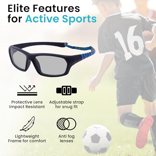 BLUE CUT Kids Sports Protection Goggles – Photochromic Safety Glasses for Children, Basketball, Baseball & Outdoor Sports - color: Black/Blue Photochromic-kids Size