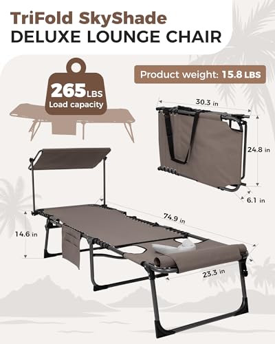 KingCamp Tanning Chair with Face Hole, Lounge Chairs Outdoor Folding Comfy Adjustable 5-Position Foldable Chaise Chaser with Canopy Shade for Outside Beach Patio Sun Bathing, Beige - color: C*skyshade Canopy——beige Canopy, style: oversized