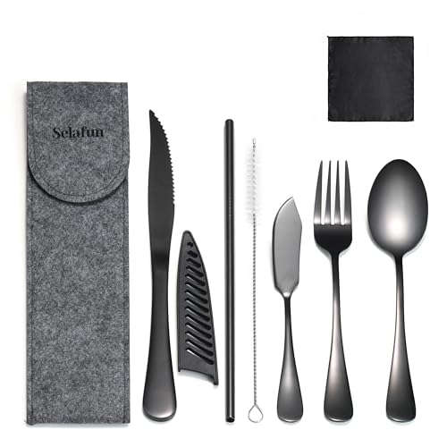 Camping Cutlery Set: Premium Portable Silverware Set with Case for Lunch Box, Travel, and Work Durable, Eco-Friendly, and Compact Utensils Including Fork, Spoon, and Knife for Adults on the Go - color: Black
