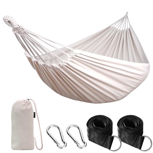 ANYOO Cotton Hammock Portable Camping Hammocks for Hanging Sturdy Garden Comfortable Fabric Hammock with Tree Straps Up to 660lbs with Travel Bag for Camping Outdoor/Indoor Patio Backyard - color: White