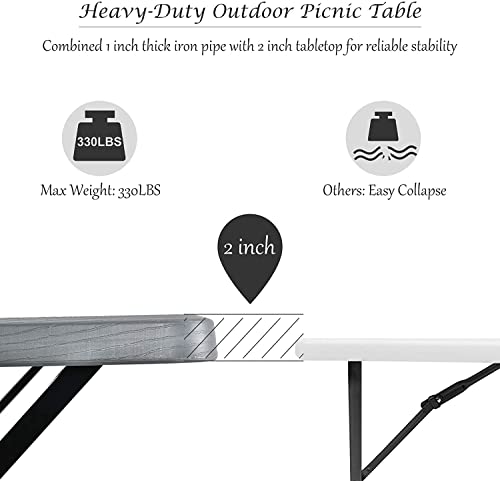 Hysache Picnic Table Bench Set, Patio All Weather Metal Base Camping Table Set w/Wood Texture Tabletop, Steel Frame, Large Camping Picnic Tables for Backyard Poolside Garden Patio Lawn (Grey) - color: Grey