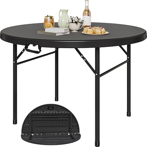 YITAHOME 48 Inch Round Folding Table for Outdoor/Indoor, Heavy Duty Folding Plastic Table w/Thick Table Top and Sturdy Metal Frame, Ideal for Party Picnic Camping BBQ Events, Black - color: Black
