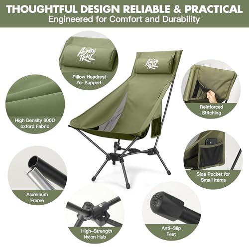 AuroraTrail High Back Folding Camping Chair with Pillow – Lightweight Portable Outdoor Chair with Cup Holder & Carry Bag, Sturdy Aluminum Frame Supports up to 374 lb for Camping, Hiking & Festivals - color: Green