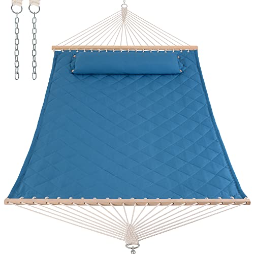 ANOW Quilted Hammock with Spreader Bars and Detachable Pillow, Large Hammock for Outdoors Indoors, 450 LBS Weight Capacity, Blue - color: Blue, size: 2 Person Without Stand
