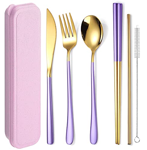 AARAINBOW 6 Pieces 18/8 Stainless Steel Flatware Set Portable Reusable Cutlery Set Travel Utensils Set Including Chopsticks Knife Fork Spoon Straws Cleaning Brush Dishwasher Safe (Purple golden) - color: Purple golden
