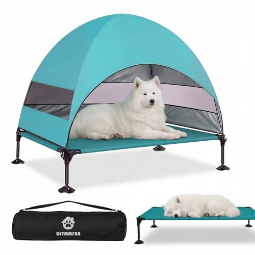 Elevated Dog Bed with UV-Proof Canopy, Outdoor Dog Tent with Powerful Adjustable Feet, Portable Pet Cot with Wider Shade, Raised Cooling Bed for Camping, Patio, Beach, Poolside - color: Aqua, size: Large: 42.0"L x 30.0"W x 33.0"Th