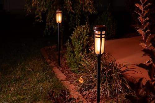 FoxFlame Metal Solar Torch Lights-Adjustable Height (24"-50"), Outdoor Garden Decor with Patented LED, Waterproof Solar Tiki Torches for Yard,Patio,Garden Pathway,Matte Black–2 Pack - style: Metal Torch