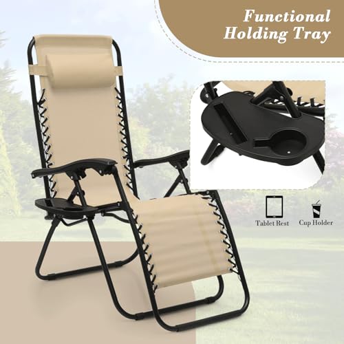 Athena Collection Zero Gravity Outdoor Lounge Chair Set of 2 with Side Table, 25" Width Pool Lounge Lawn Chairs Reclining with Cup Holder, Outdoor Chaise for Beach Patio Backyard Outside, Beige - color: Beige, style: 25" Width