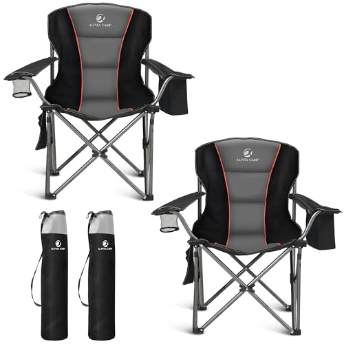 ALPHA CAMP Oversized Folding Camping Chair, Heavy Duty Portable Lawn Chairs with Cooler Bag, Side Pocket & Cup Holder, Folding Chairs for Outside Support 450 LBS - color: Black, size: Twin Pack