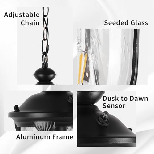 JYZ Vintage Dusk to Dawn Outdoor Hanging Lantern, 17 Inch Rustic Exterior Pendant Light Fixture with Seeded Glass, Antique Black Ceiling Mount Chandelier for Porch, Patio, Gazebo, Entryway JYOPL04-L - size: 04-Large