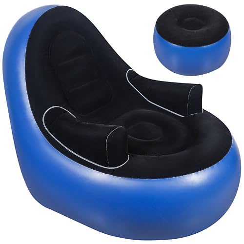 Thickened Inflatable Couch with Armrest＆Ottoman, Blow Up Lounger Chair,Folding Air Chair for Adults,Inflatable Lazy Sofa Perfect for Rooms, Camping or Home(Without Pump,Blue) - color: Blue