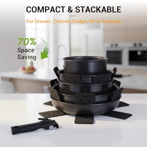 Ammeloo 18-Piece Ceramic Pots and Pans Set Non Stick, Non Toxic Cookware Set with Removable Handles, Pot Sets for Cooking, Induction Ready, Dishwasher & Oven Safe, PFAS PFOA & PTFE Free (Black) - color: Black