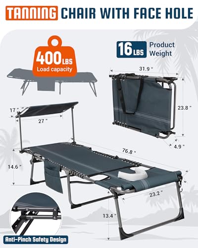 KingCamp Lounge Chair with face Hole & Canopy Shade, 400LBS Folding Portable Tanning Chair with face Hole, Adjustable 5-Position Foldable Beach Sun Tanning Chair for Outside Beach Patio Outdoor Pool - color: C*skyshade Canopy——blue/Grey Canopy, style: 400