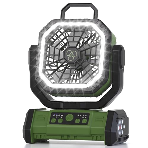 Honesorn Portable Rechargeable Fan 20000mAh, Camping Fan with LED Light & Remote, USB C Cordless Battery Powered, 4 Speeds Timer Hanging Hook for Travel Tent Outdoor Essentials - Green - color: Green