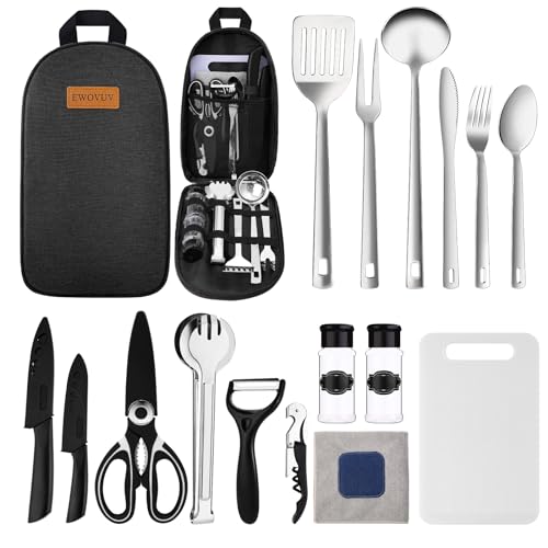 Camping Cooking Utensils Set- Camping Essentials Cookware Accessories Gear Must Haves Camper Tent Camp Kitchen Rv Gadgets Outdoor Stove Portable Picnic Gifts for Women BBQ Stuff - color: Black