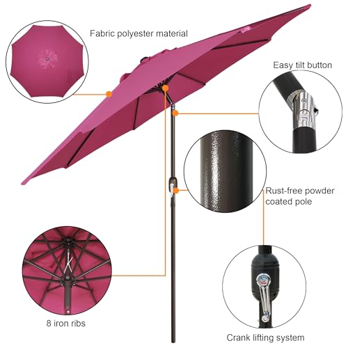 Blissun 9' Outdoor Patio Umbrella, Outdoor Table Umbrella, Yard Umbrella, Market Umbrella with 8 Sturdy Ribs, Push Button Tilt and Crank - color: Fuchsia