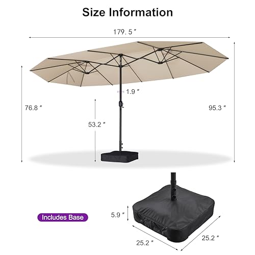 PURPLE LEAF 15ft Patio Market Umbrella with Base Double-Sided Rectangle Outdoor Table Sun Umbrellas with Crank 12 Heavy Duty Sturdy Ribs for Pool Beach Deck Backyard Khaki - color: Beige, size: 15' X 9'