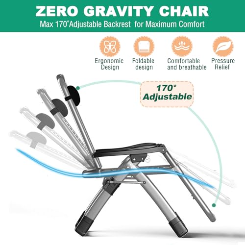 LILYPELLE Zero Gravity Chair Oversized XL, Premium Lawn Recliner Folding Portable Chaise Lounge with Detachable Cushion, Headrest and Cup Holder, Reclining Patio Lounger Chair - color: Oversized Gray, style: Zero Gravity Chair