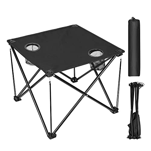Folding Camping Side Table,Portable Camping Table W/2 Cup Holders&Carrying Bag,600D Waterproof Oxford Fabric,Outdoor Folable Beach Table for Outside,Camping, Picnic,Beach, Fishing and Hiking - US Spot