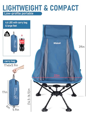 WildCall Lightweight Folding High Back Camping Chair with Head Support, Compact Beach Chair with Anti-Sinking Large Feet and Three Tilt Angles Adjustment - color: 1 X Blue High Back