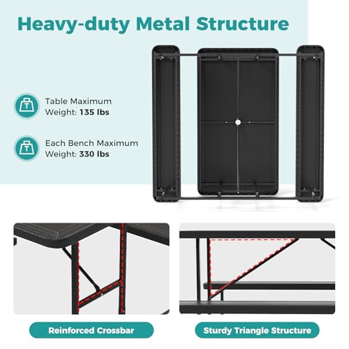 LDAILY Picnic Tables with Benches, Rectangular Dining Table Set for Outside 4 People, HDPE Tabletop, Metal Frame, Umbrella Hole, Heavy Duty Picnic Table for Outdoors, Patio, Lawn, Commercial (Black) - color: Black