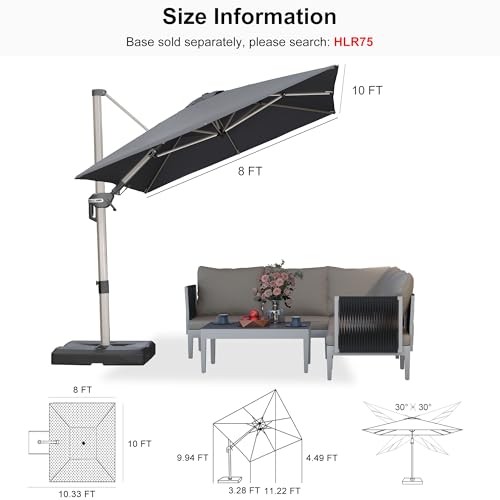 PURPLE LEAF 8' X 10' Left-right Tilting Patio Umbrella Outdoor Swivel Cantilever Umbrella Aluminum Offset Umbrella with Champagne Frame and 360-degree Rotation for Garden Deck Pool, Grey - color: Gray, size: 8' x 10'(Tilt)
