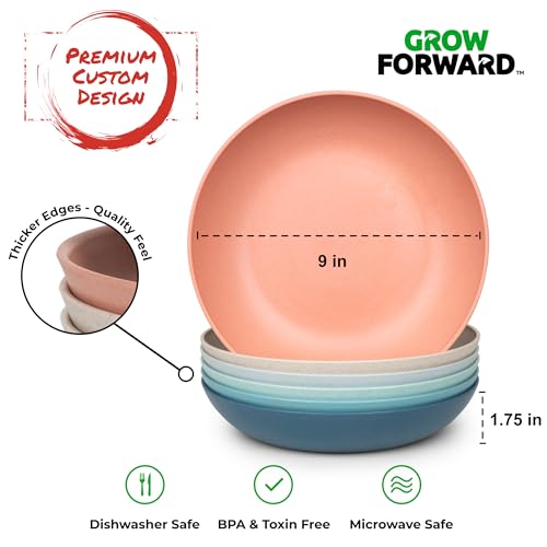 Grow Forward Premium Wheat Straw Pasta Bowls - 42oz Unbreakable Wide & Shallow Dinner Plate Bowls Set of 6 - Microwave Safe Reusable Plastic Pasta Bowls for Kids, Adults, Salad, Camping, RV - Tropical - color: Tropical, size: 42oz