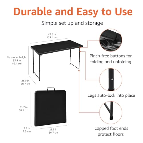 Amazon Basics Portable 4 Ft Rectangular Folding Dining Table, 4 Adjustable Height Settings, Space Saving Fold-in-Half Design and Carrying Handle, Indoor & Outdoor, Washed Black, 47.8 x 23.9 x 33.9 in - color: Washed Black