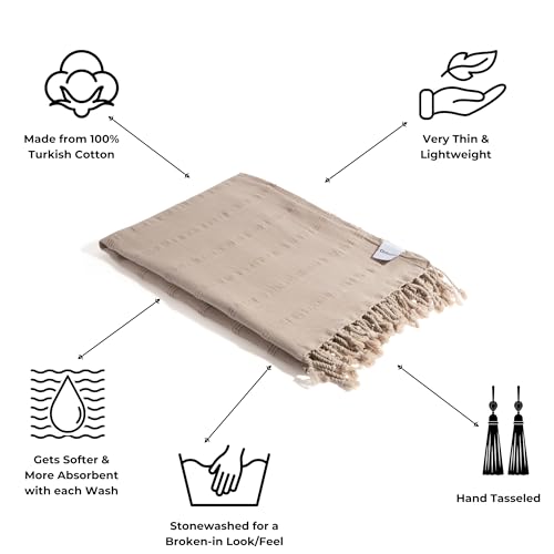 InfuseZen Stonewashed Turkish Bath & Beach Towel –100% Organic Turkish Cotton - Soft, Lightweight, Absorbent - Quick Dry, Sand Free - Swim, Pool, Shower, Travel - Peshtemal, Hammam Spa Towel - Beige - color: Beige