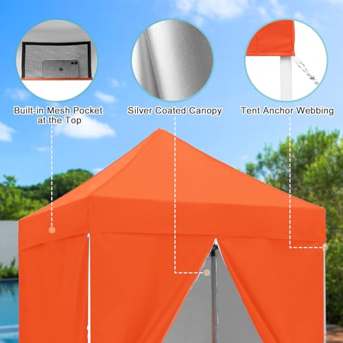 5x5 Pop Up Canopy Tent with Four Sidewalls, Instant Portable Beach Canopy, Outdoor Tent with Carry Bag for Camping, Sports, Tailgating, Events, Orange - color: Orange, size: With Four Walls