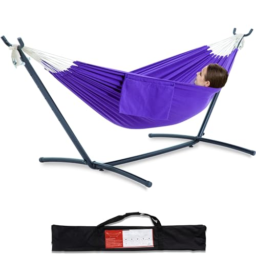 PNAEUT Double Hammocks with Stand for Outside, Portable Space Saving Heavy-Duty Steel Stand for Indoor Outdoor Patio with Carrying Bag, 450 lbs Capacity (Purple) - color: Purple
