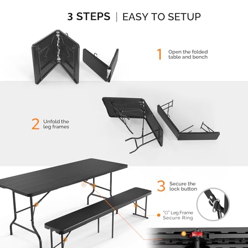 Bonnlo Black Folding Picnic Table Set with 2 Benches, 6 Feet Camping Table Chair Set, Modern Portable 3-Piece Furniture for Indoor/Outdoor Use, White Folding Picnic Table with Smooth Tabletop - color: Black