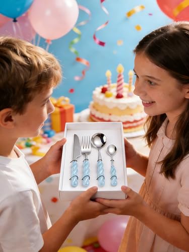 Stainless Steel Flatware Set, 4-Piece Heavy Duty Cutlery Set with Dinner Knife, Fork & Spoons, Tableware Gift for Daily Use Wedding Housewarming Baby Shower Valentine's Day Present (Blue) - color: Blue