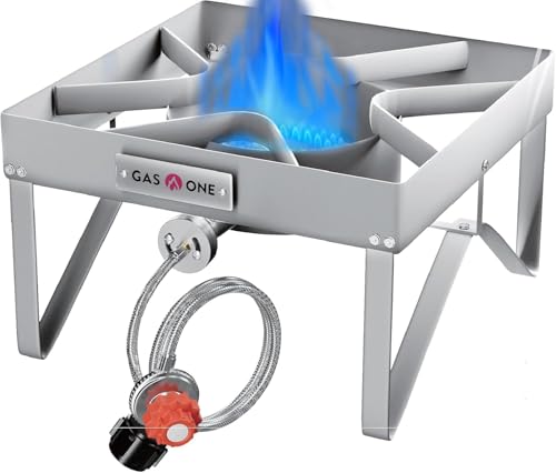 GasOne Stainless Steel Outdoor Propane Burner – High Pressure Camp Stove with Adjustable Regulator & Steel-Braided Hose - color: Stainless Steel