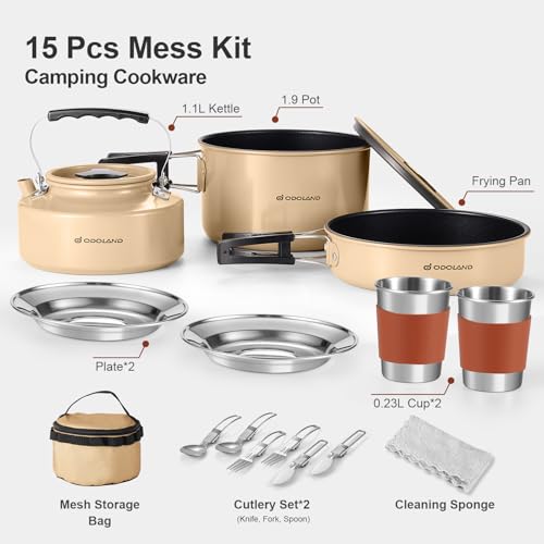 Odoland 15pcs Camping Cookware Mess Kit, Non-Stick Lightweight Pot Pan Kettle Set with Stainless Steel Cups Plates Forks Knives Spoons for Camping, Backpacking, Outdoor Cooking and Picnic - style: Khaki