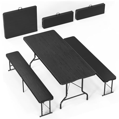 Bonnlo Black Folding Picnic Table Set with 2 Benches, 6 Feet Camping Table Chair Set, Modern Portable 3-Piece Furniture for Indoor/Outdoor Use, White Folding Picnic Table with Smooth Tabletop - color: Black