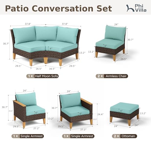 PHI VILLA 7-Piece Curved Patio Furniture Set, Half-Moon Wicker Sectional Furniture Sofa Set for 8 Seats with 1 Curved Sectionals, 2 armless Seats, 2 one armrest Sofas and 2 Ottomans, Aqua Blue - color: Aqua Blue, size: 8 Seats - Curved