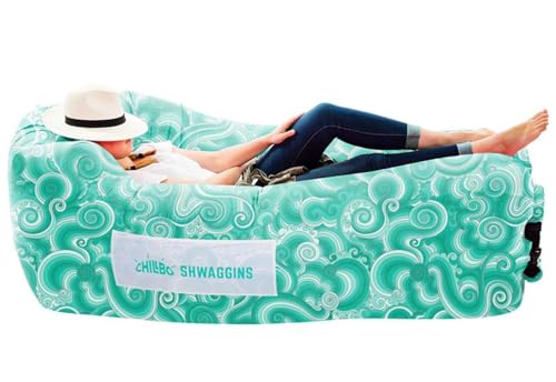 Chillbo Inflatable Couch – Unique Designs - No-Pump Setup, Ripstop Polyester, Stability Pegs, Fun Prints - Portable Air Inflatable Lounger for Beach, Camping, Festivals, and Tailgating - color: Green Wave, size: Large