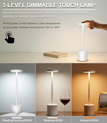 Swinerton White Rechargeable Cordless Table Lamps Set, 5000mAh Battery Powered Wireless Table Light, Portable LED Desk Lamp, 3 Color Dimmable Lighting for Restaurant Dining Patio Outdoor Bedroom - color: White (Set of 2)