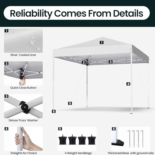 Shades 10x10 Pop Up Canopy, Heavy Duty Beach Tent with Carrying Bag for Easy Moving, Sun Shelter for Parties, Events, Camping, Outdoor Gazebo with 420D PU Coated Waterproof White Fabric - color: white, size: 10'x10' FBA